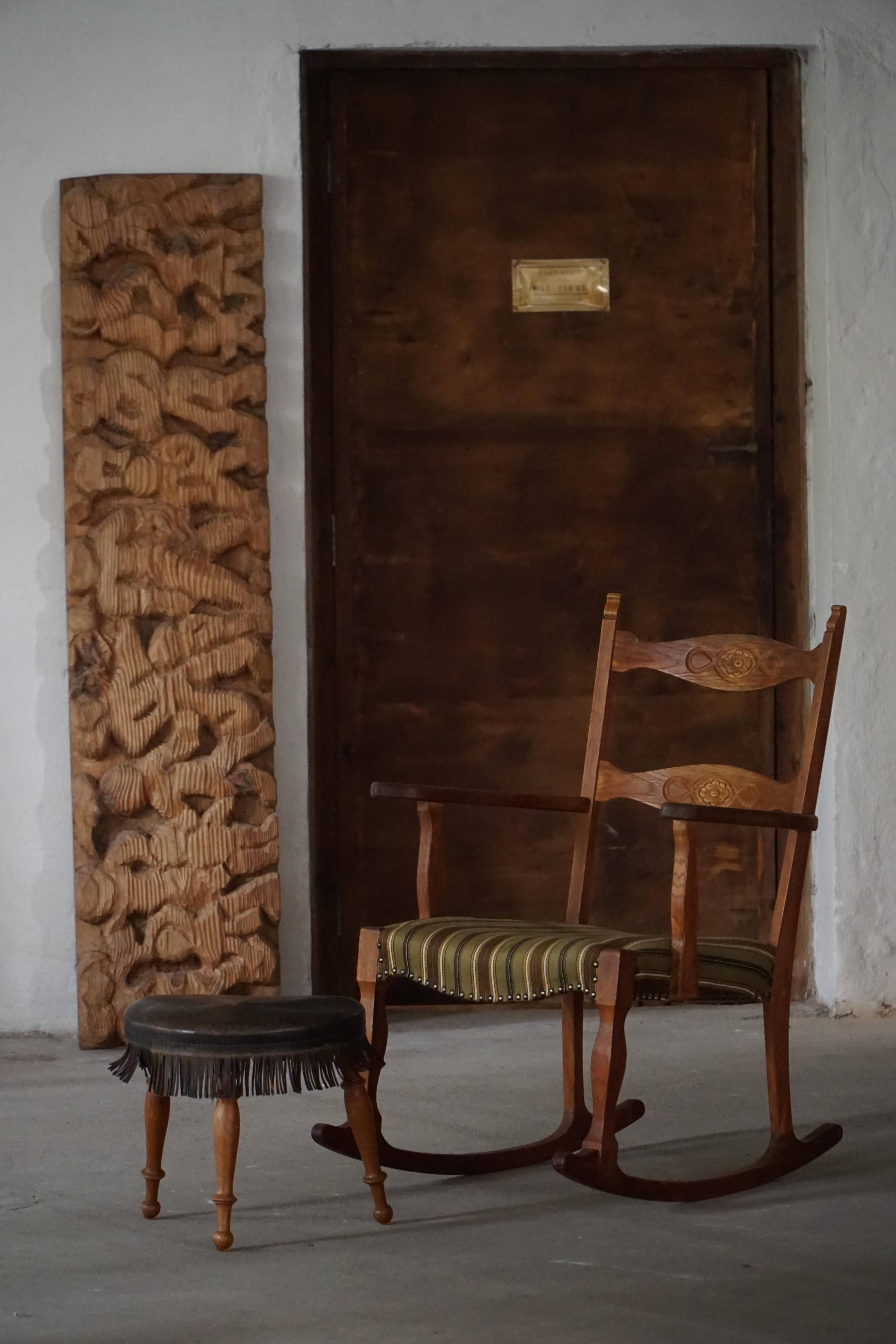 Danish oak tripod stool from the early 20th century with leather fringe, 1930s.