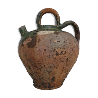 Old kid, jug, gargoulette, water pitcher in glazed green sandstone, XVIII century