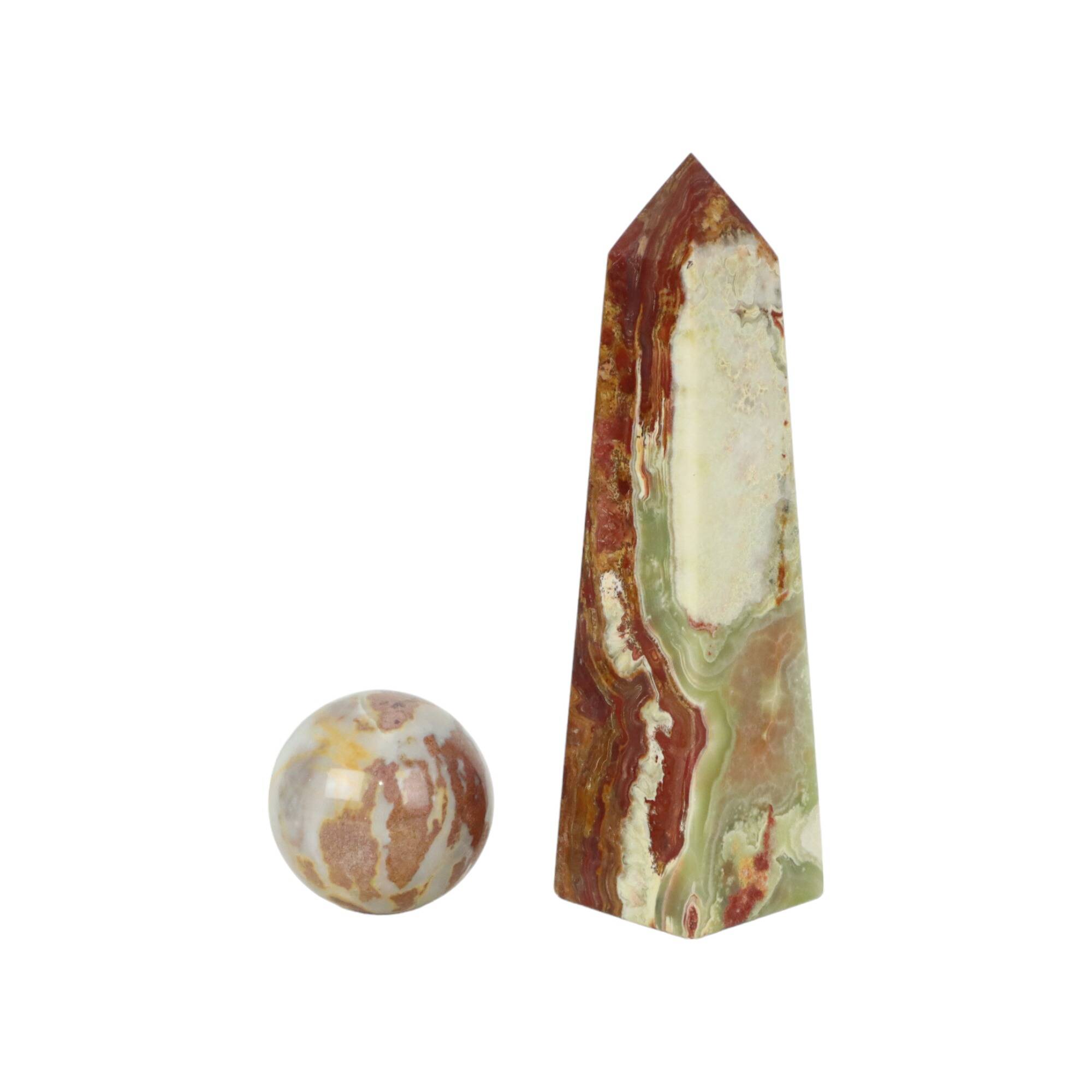 Veined onyx marble obelisk and polished sphere paperweight