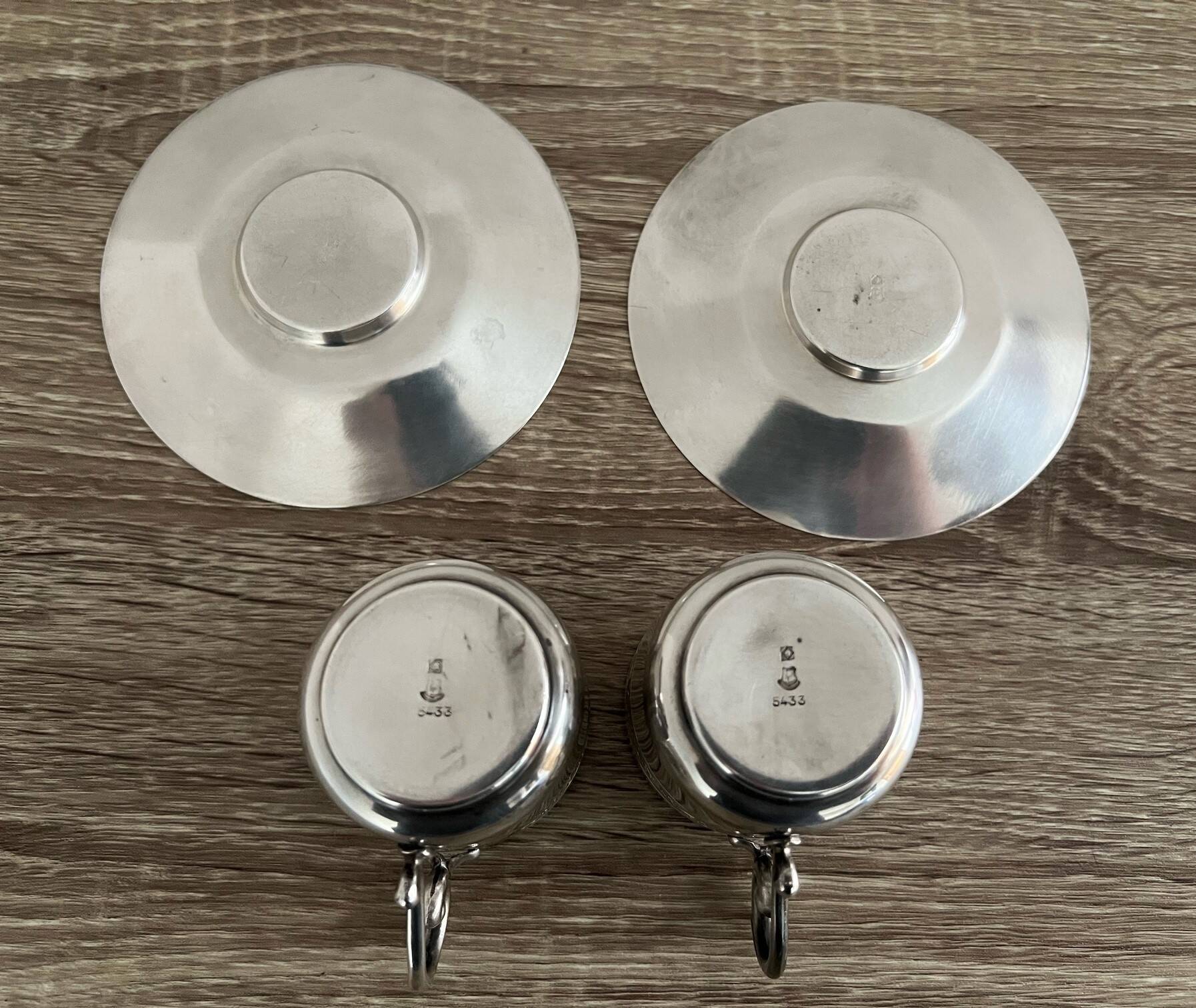 2 Gallia silver-plated cups and saucers with rooster and goat's head hallmarks, numbered