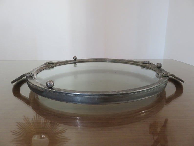 Modernist art deco tray in silver metal and smoked glass 1940s