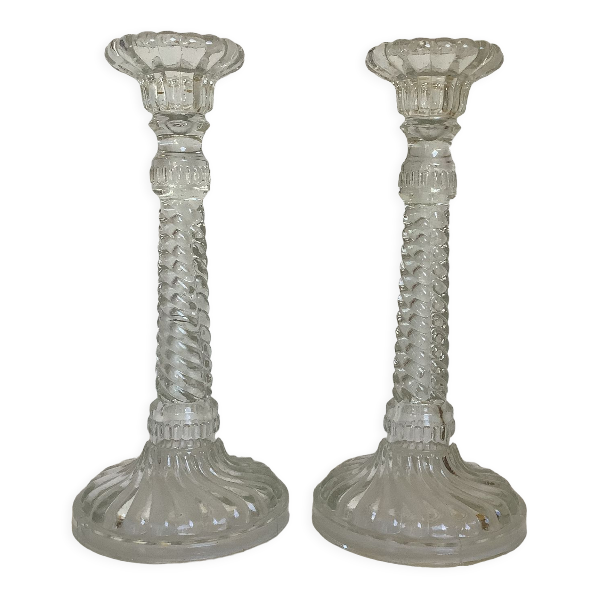 Pair of old molded glass candle holders