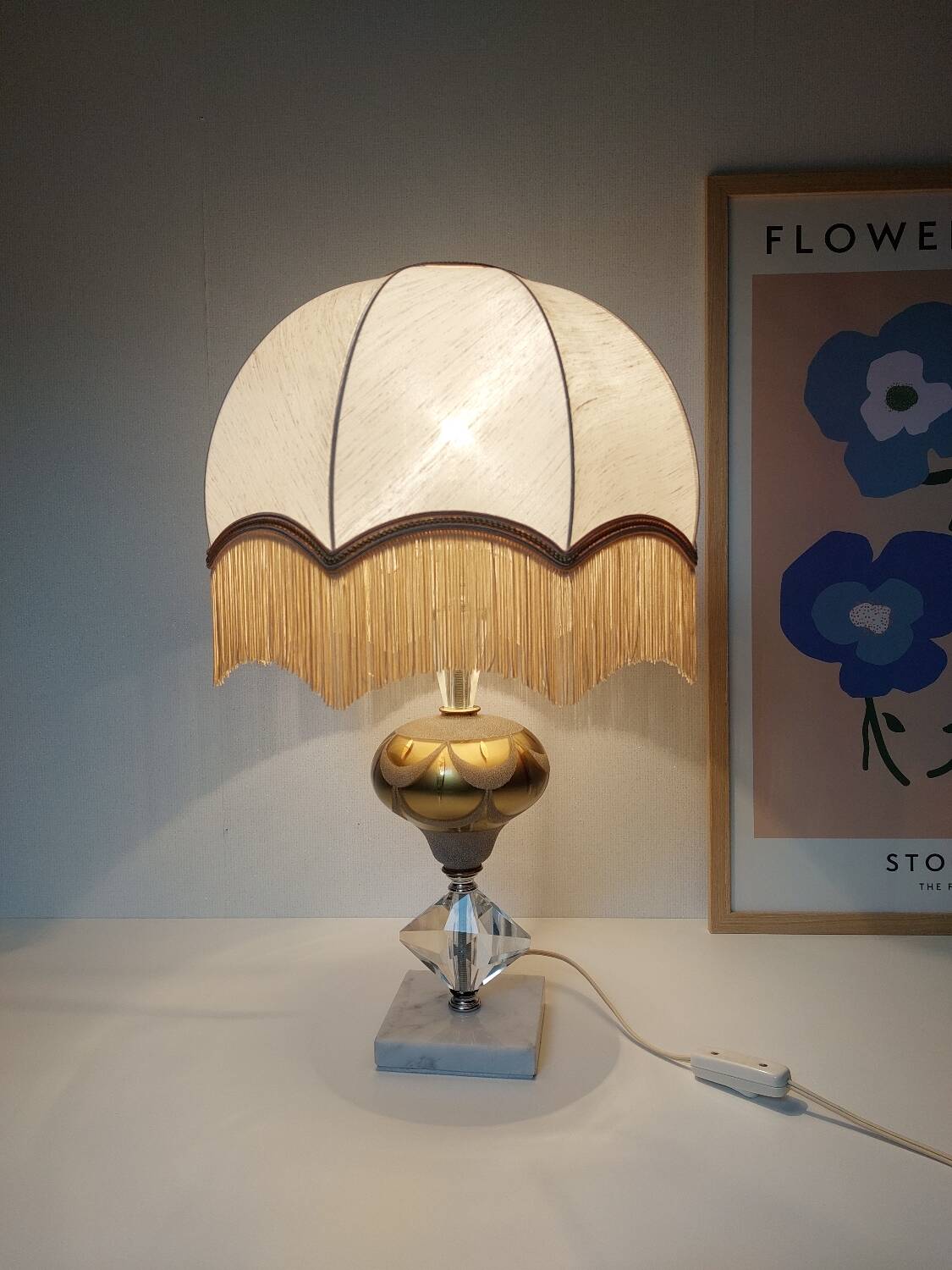 Lampe cristal taillé à la main et marbre blanc 57 cm