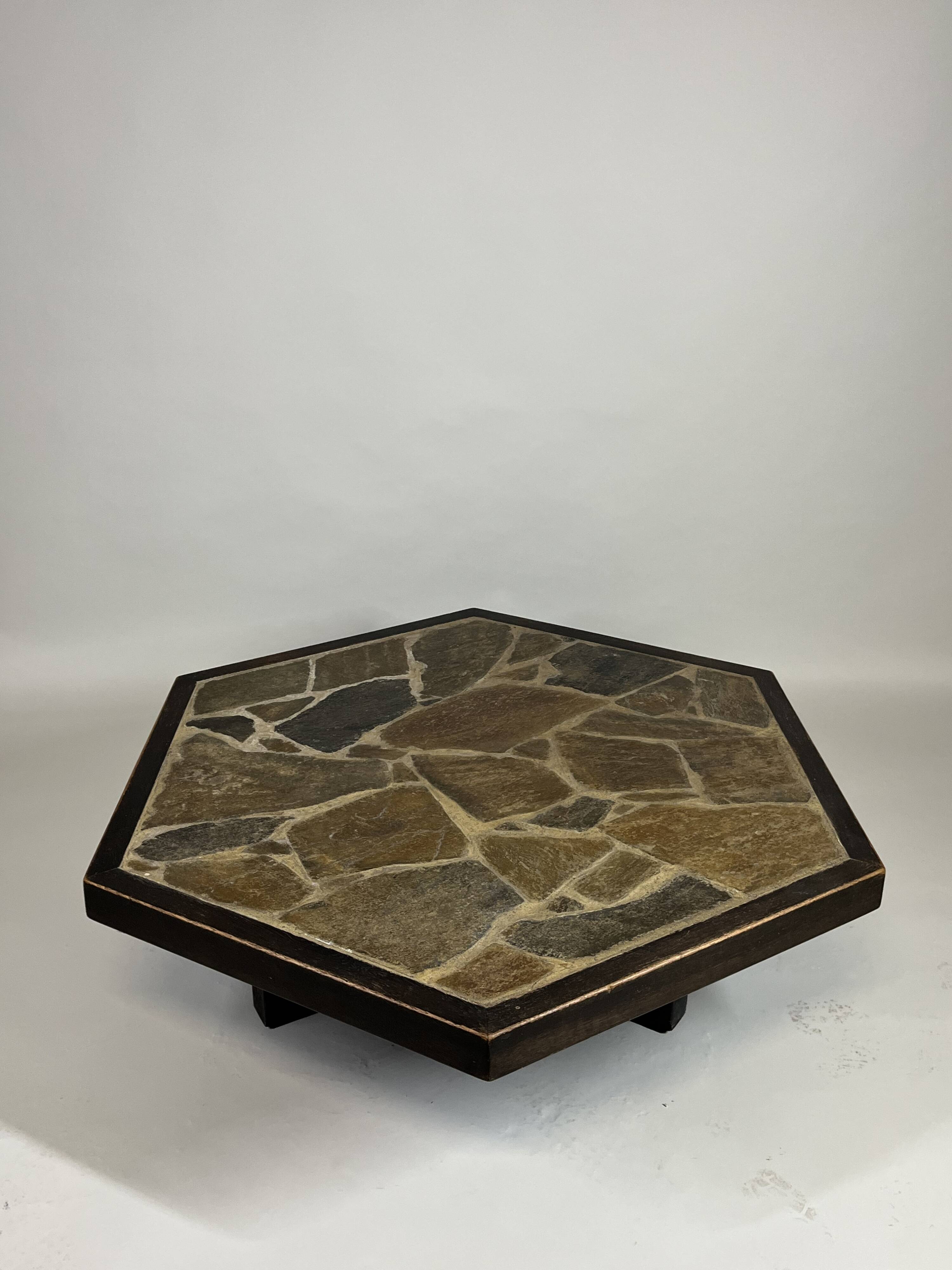 Large Brutalist Coffee Table in Oak and Stone Mosaic, 1960s