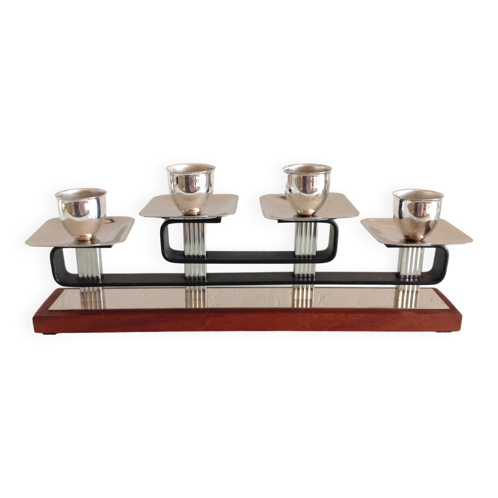 Four-headed candlestick in teak and chrome metal Scandinavian style / vintage 60s-70s