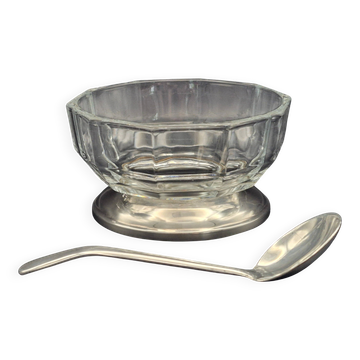 Coupelle cristal/verre épais Art Déco, piédouche métal argenté