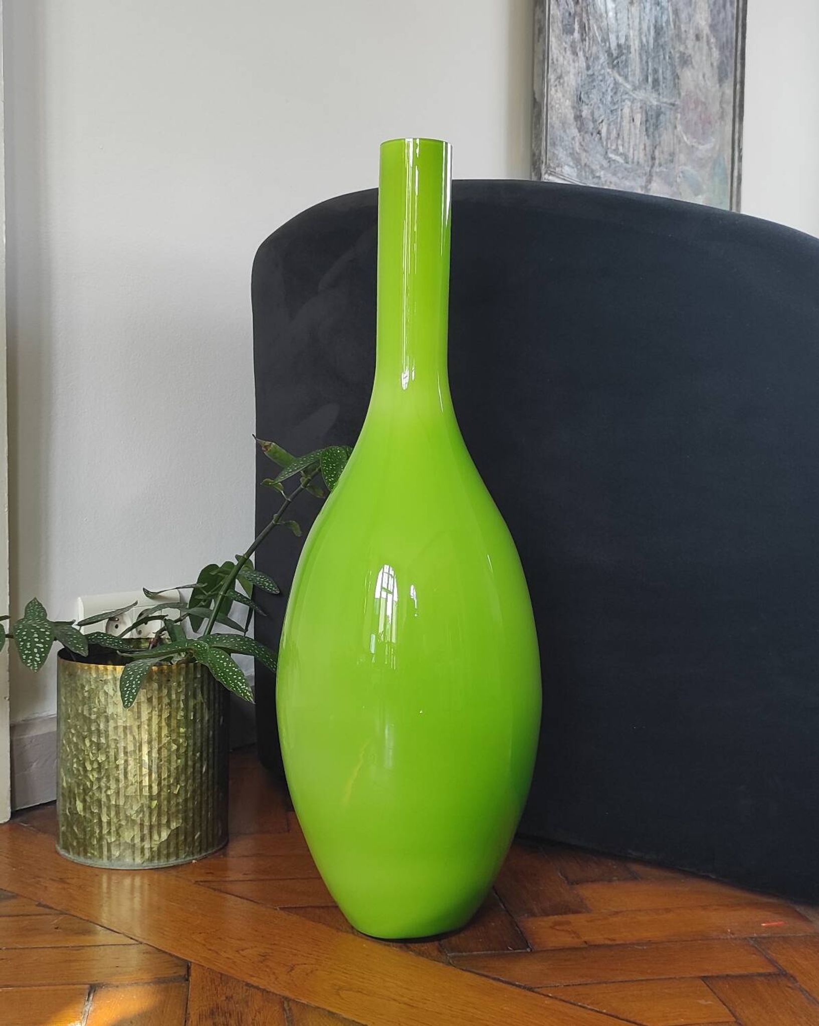 Grand vase bouteille géant en verre doublé vert pomme (66 cm)