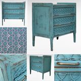 Vintage chest of drawers wood and rattan patina turquoise 1950