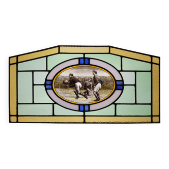 Art Deco Stained Glass Panel Depicting Early Football Scene, Belgium ca. 19