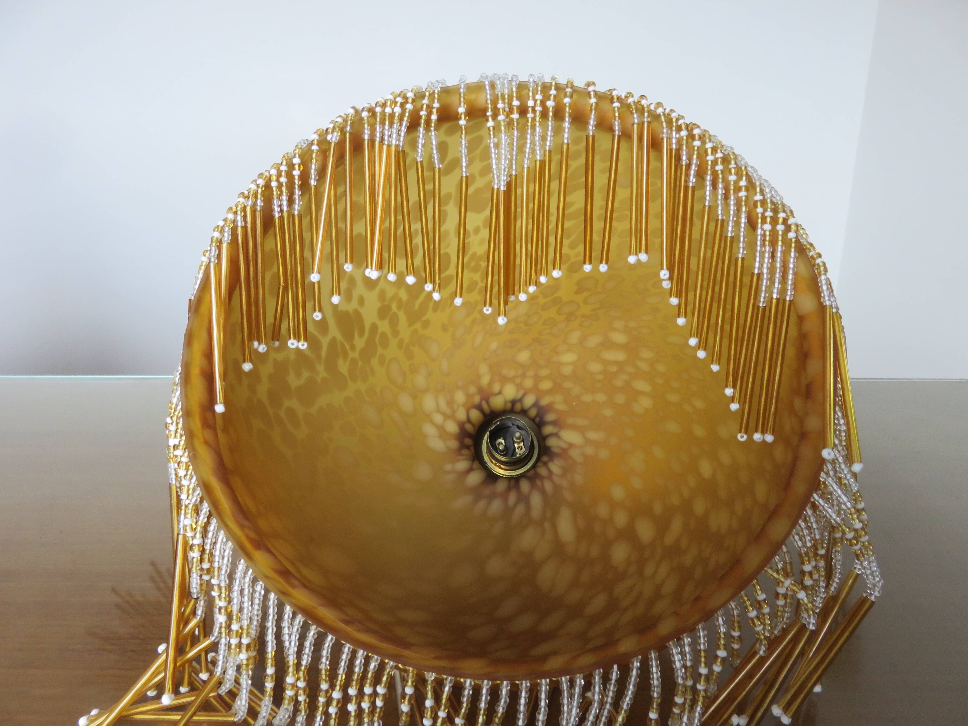 Victorian pendant light in marbled glass, beaded fringes and brass