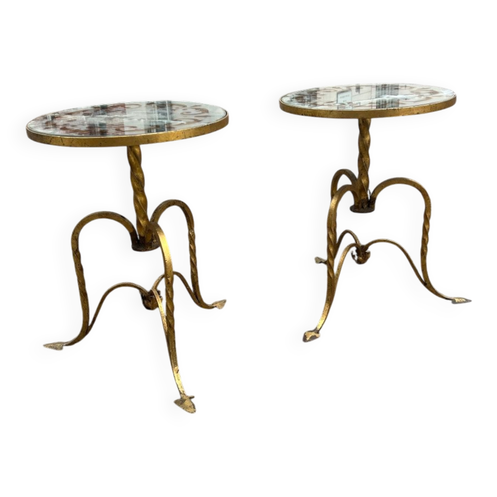 Pair of small side tables or end tables in gilded wrought iron, typical of the 1950s/1960s.