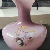 Japanese opaline vase in old pink tones. Swan decoration and polychrome floral motifs.