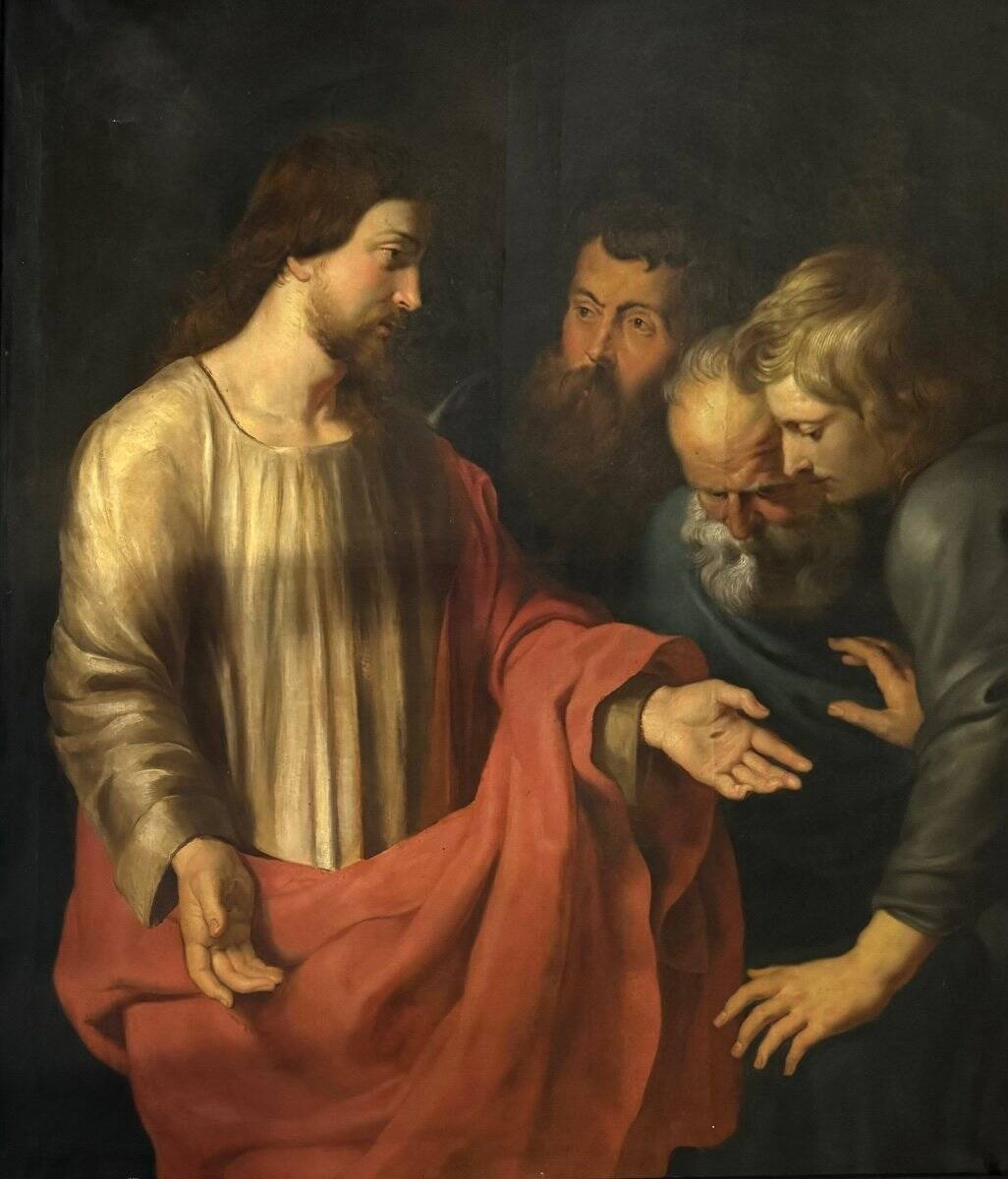 "The Incredulity of Saint Thomas" oil on canvas after the triptych by Rubens, circa 1800.