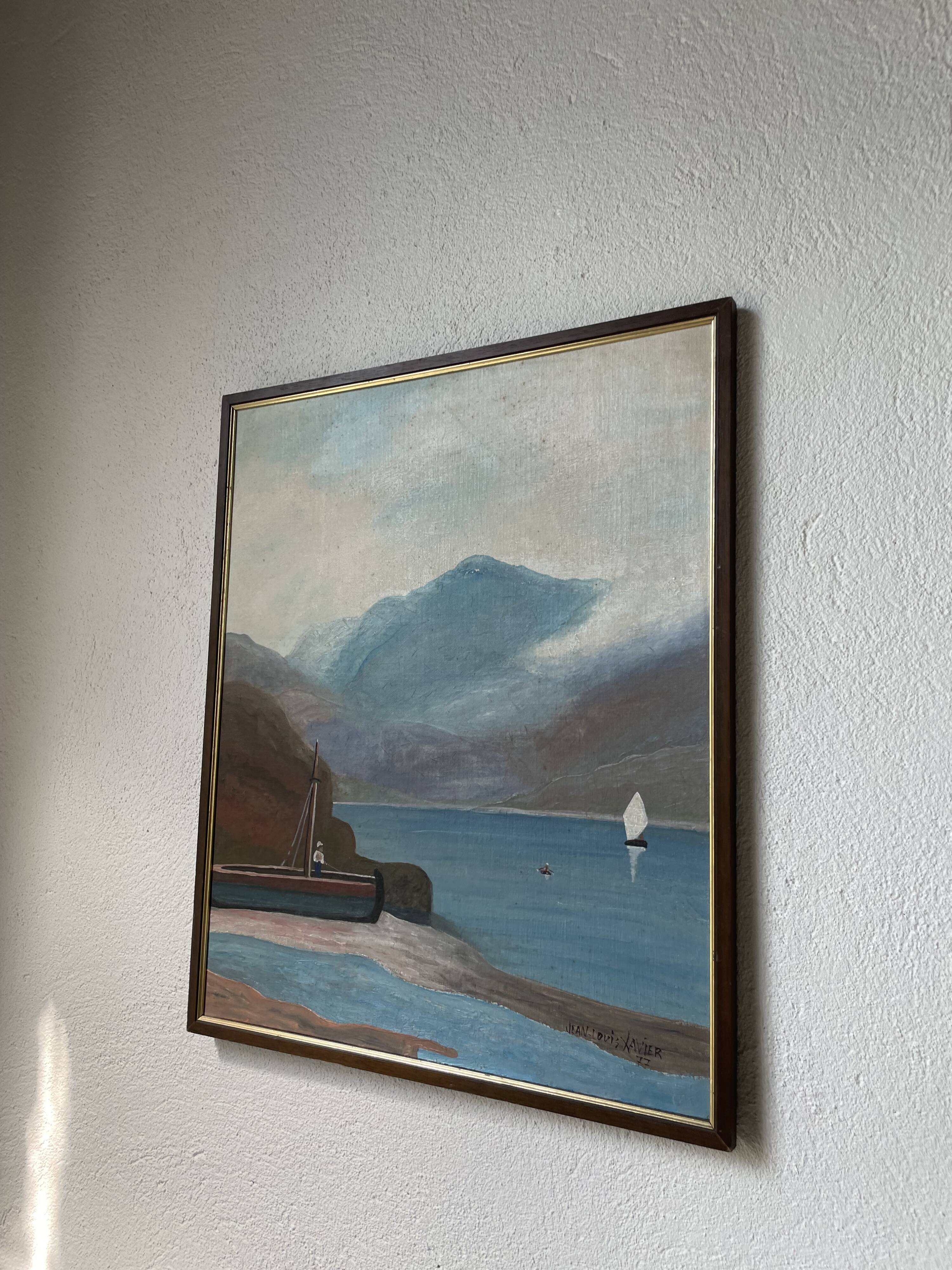 Oil painting on wood boats and lake 1977