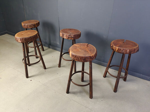 5 tabourets de bar en tronc d'arbre, années 1970