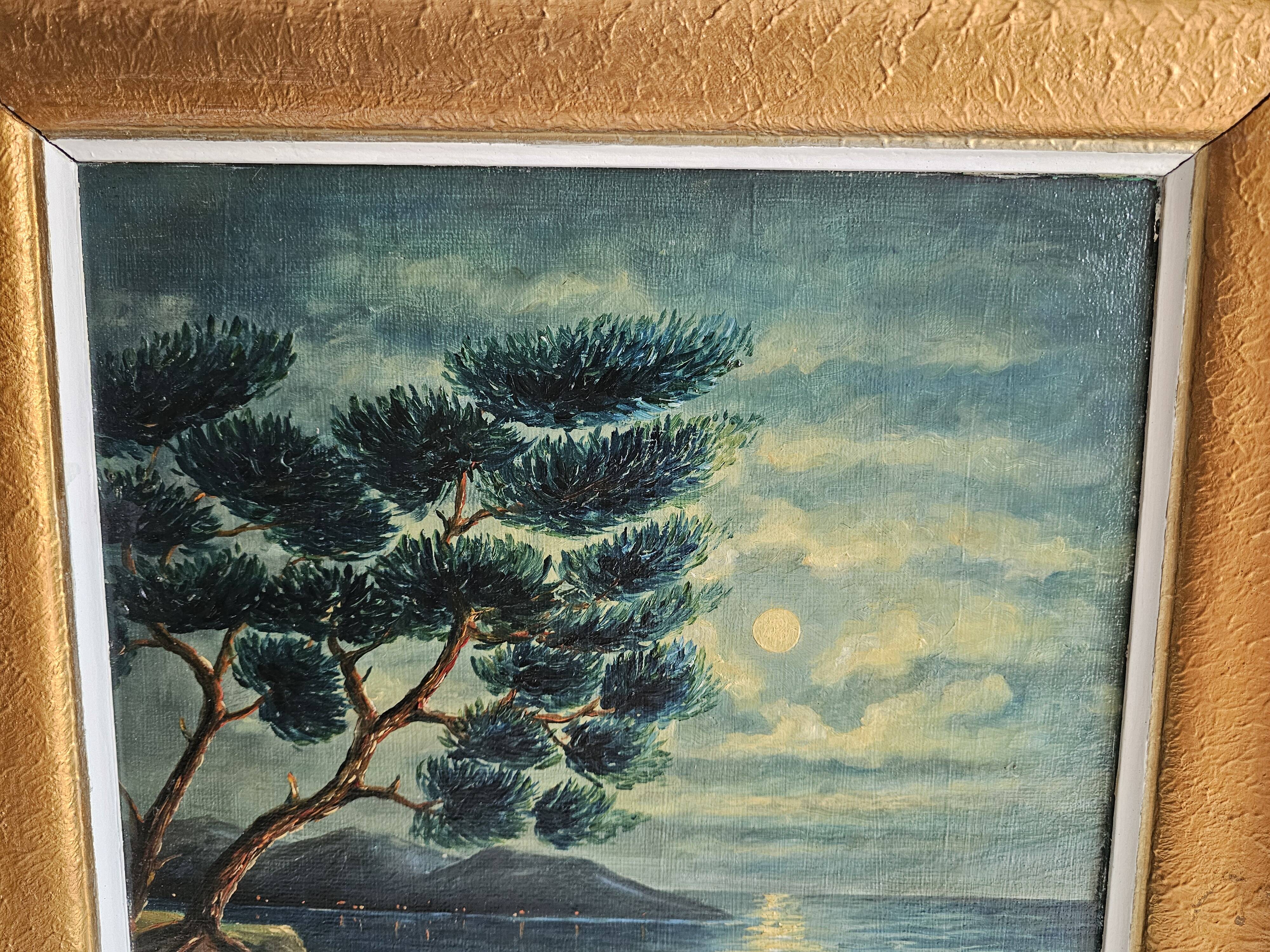 Oil on Panel - Marine Mediterranean Landscape at Night G Goudon