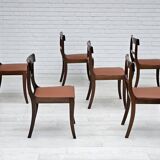 1970s, reupholstered set of 6 pcs Danish dining chairs, teak wood, camel brown leather.