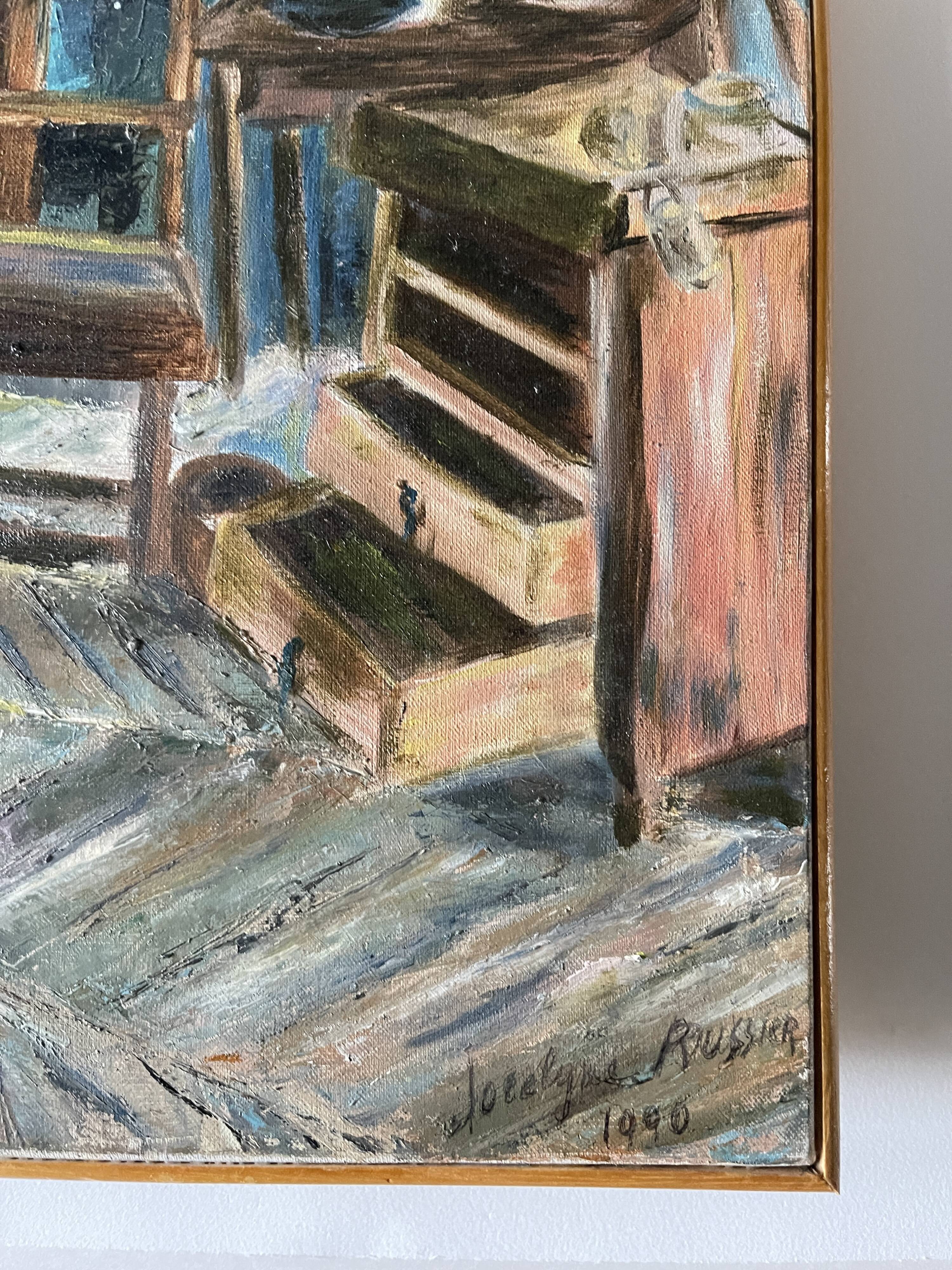 Oil on canvas interior of workshop signed