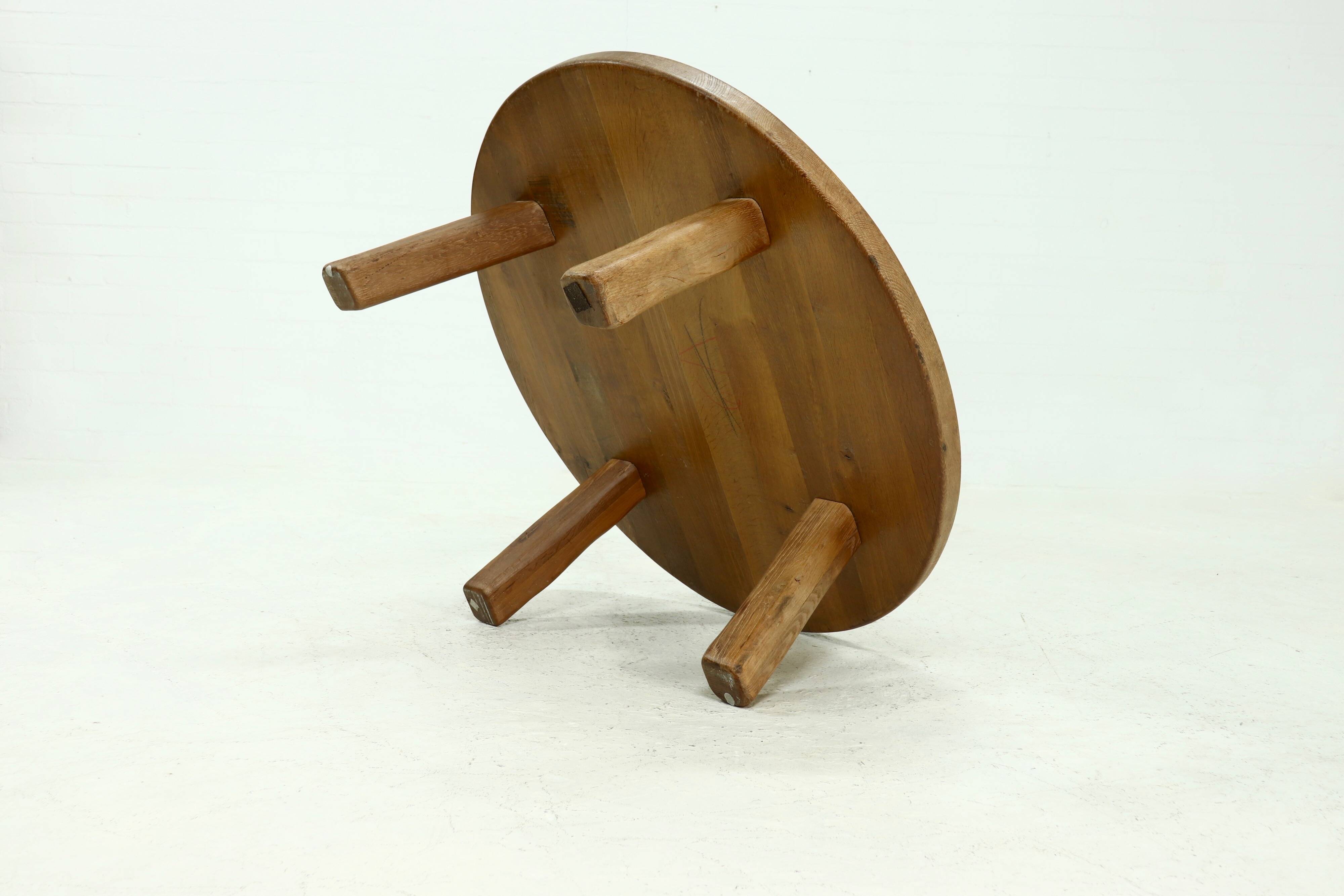 Rustic Solid Oak Round Coffee Table 1970s