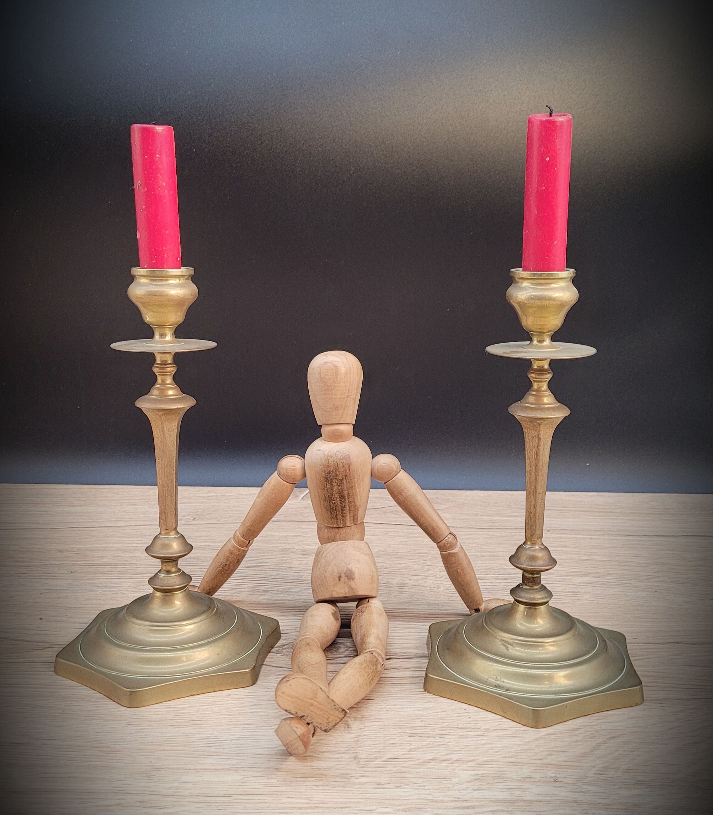 Pair brass candlesticks hexagon