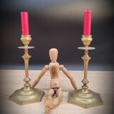 Pair brass candlesticks hexagon