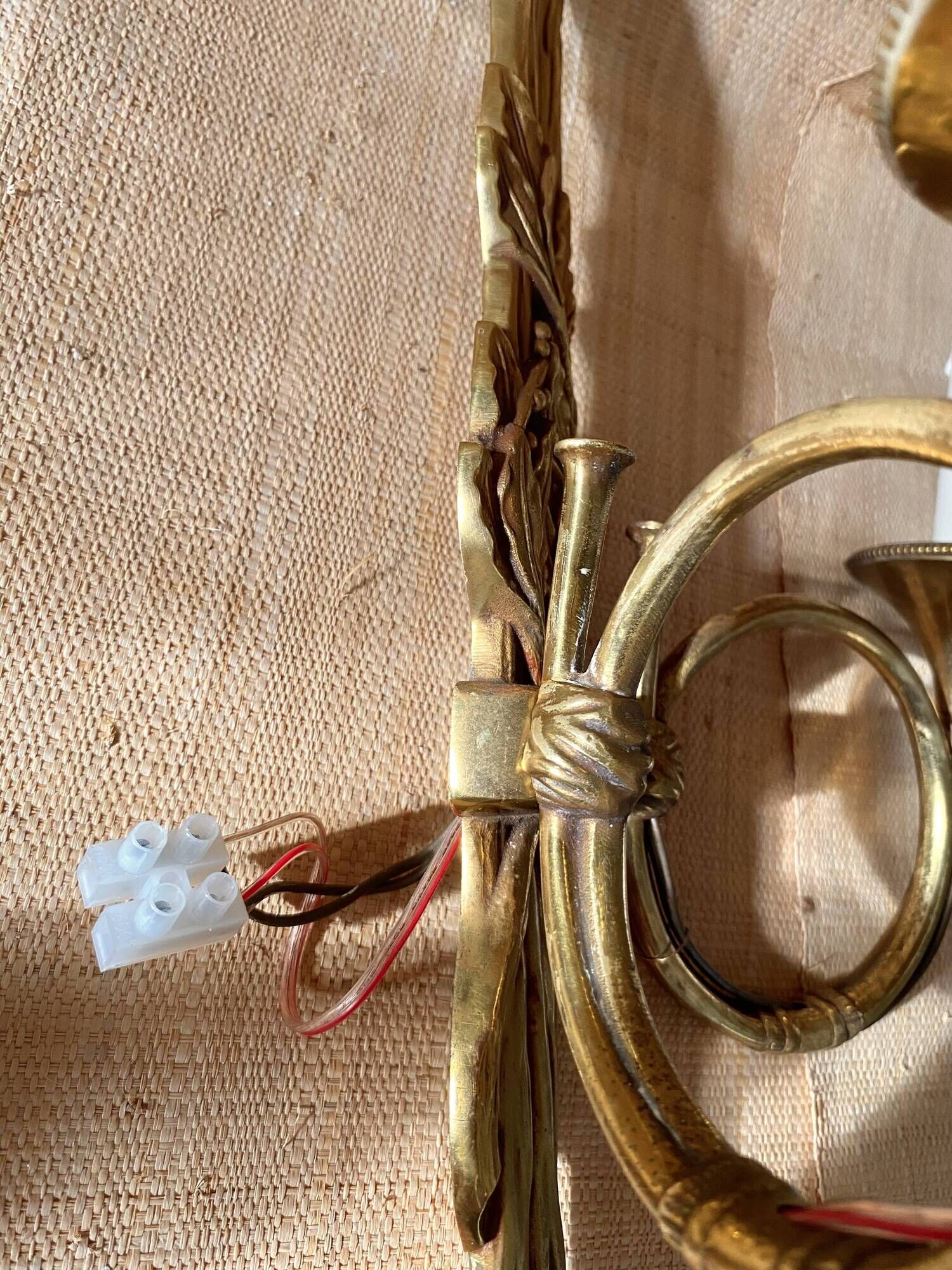 "50s hunting horn wall light, clip-on lampshades"