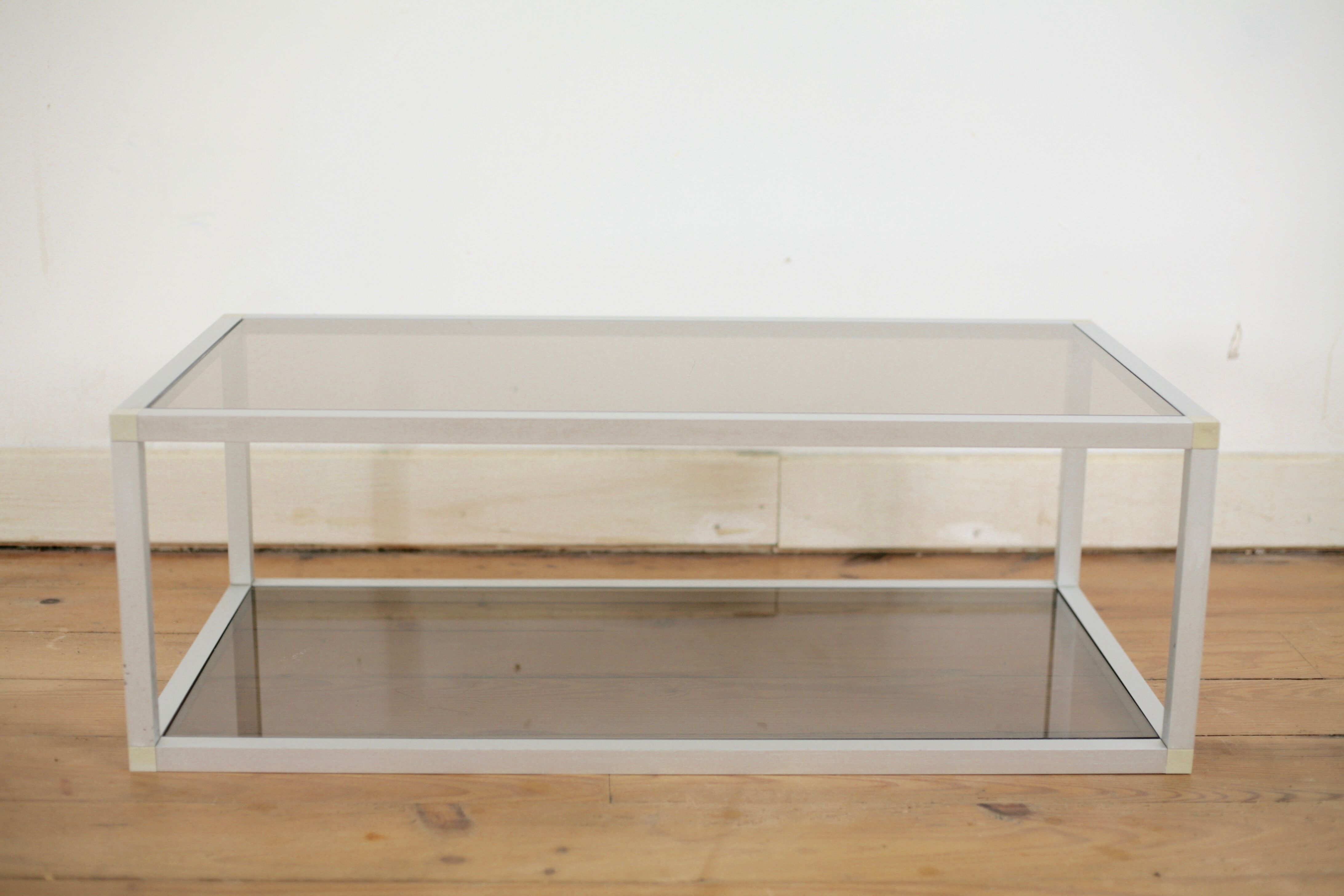 Aluminium coffee table and smoked glasses, France, circa 1980