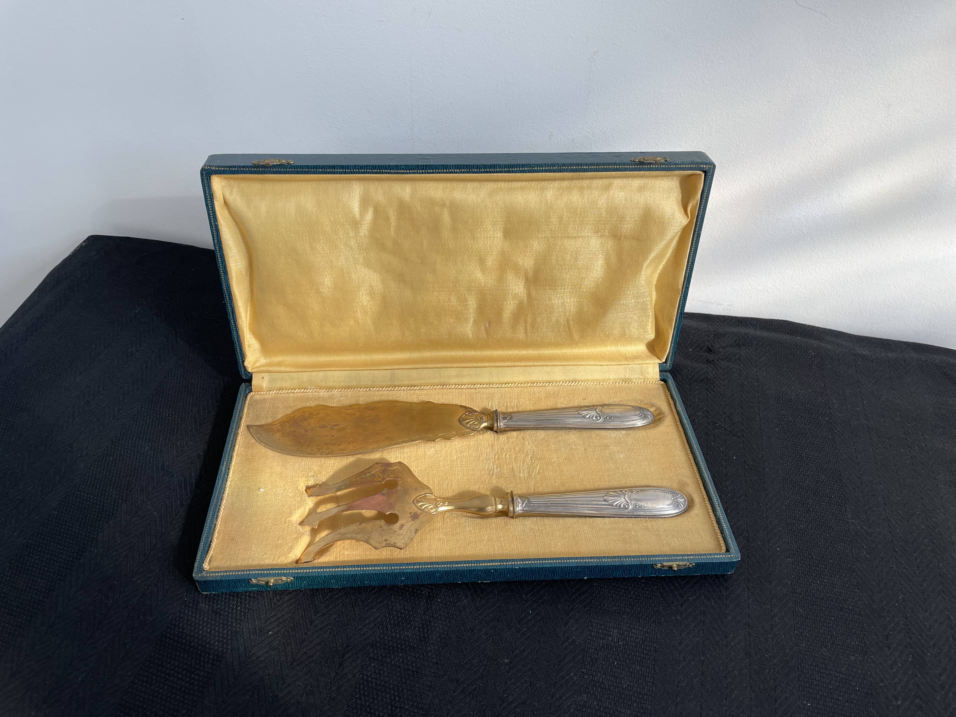 Antique, fish service cover, stuffed silver, gilded metal, France