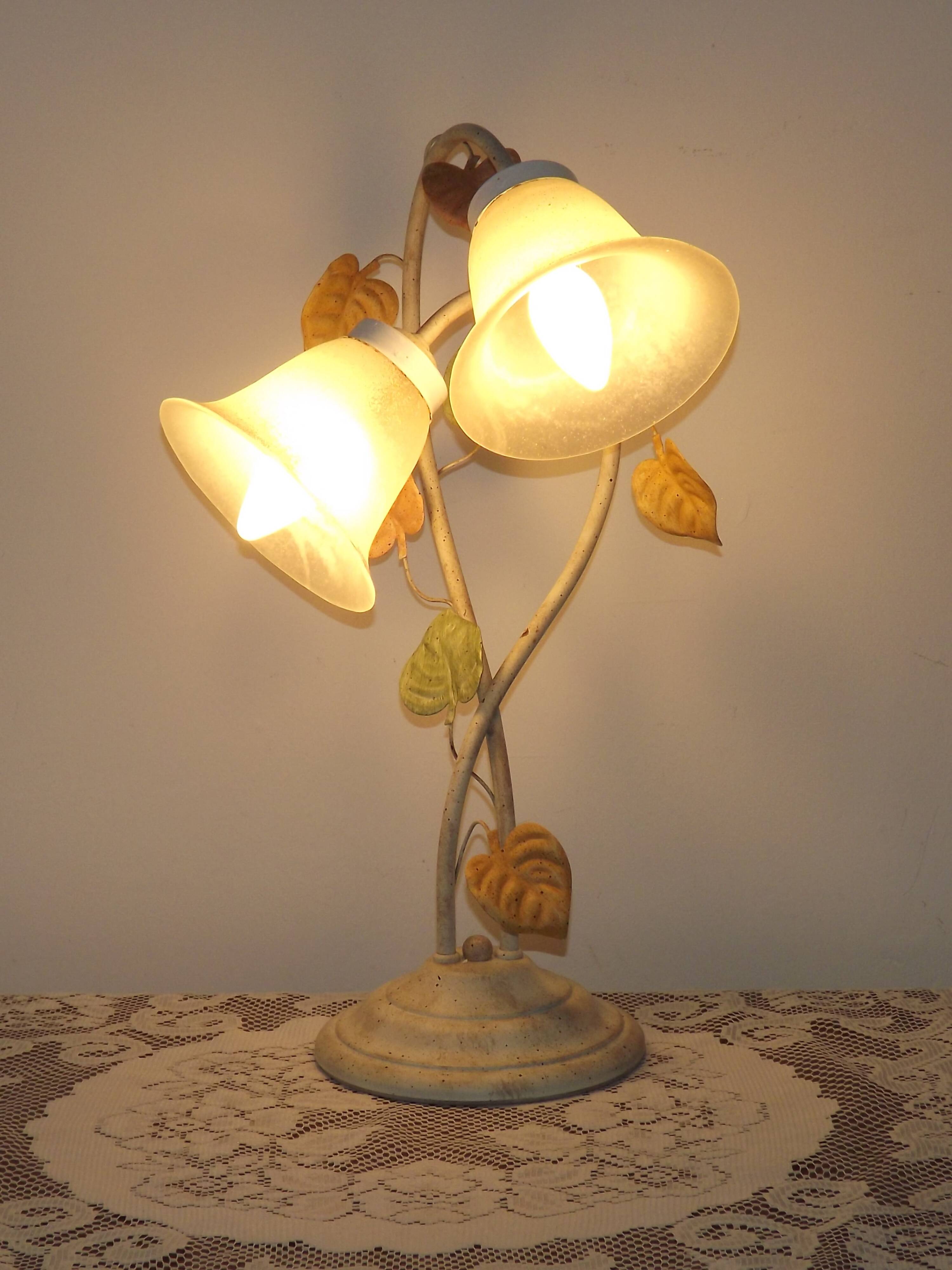 Vintage French double table lamp with glass shade "Autumn Leaves" 5488