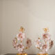 Vintage Murano table lamps, pink blown glass and gold details, pair.