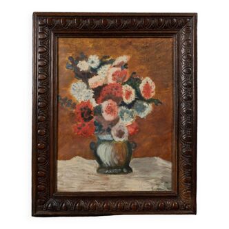 Oil on cardboard bouquet of flowers by Guy Hillmann or Millman or Allman