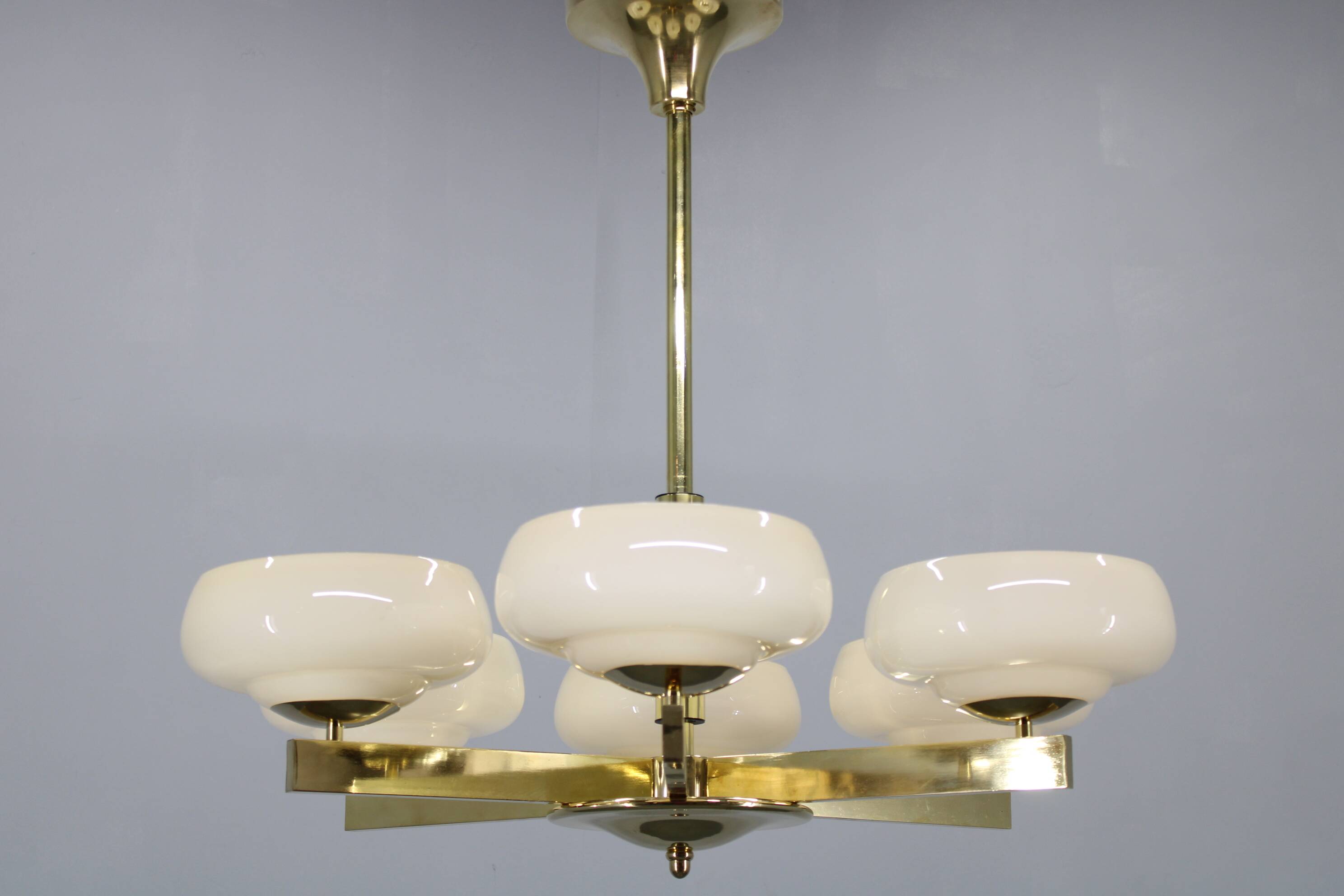 Art Deco brass chandelier with opaline glass, Czechoslovakia, 1930s