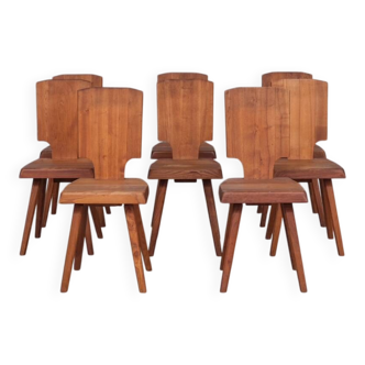 Set of 8 Pierre Chapo S28 Mid-Century French Elm Dining Chairs