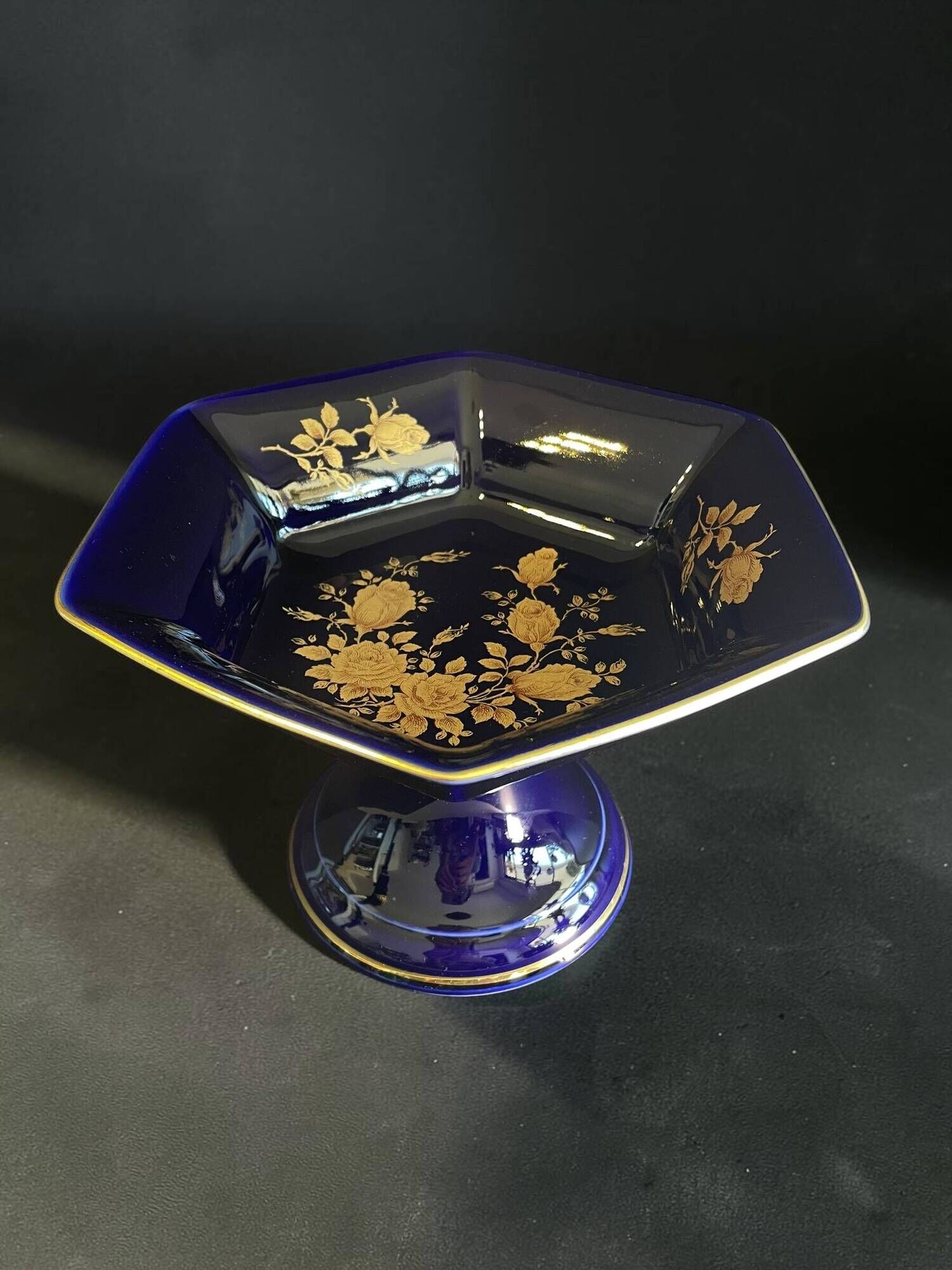 Vintage footed cup bareuther bavaria, cobalt and gold porcelain, 1st year.