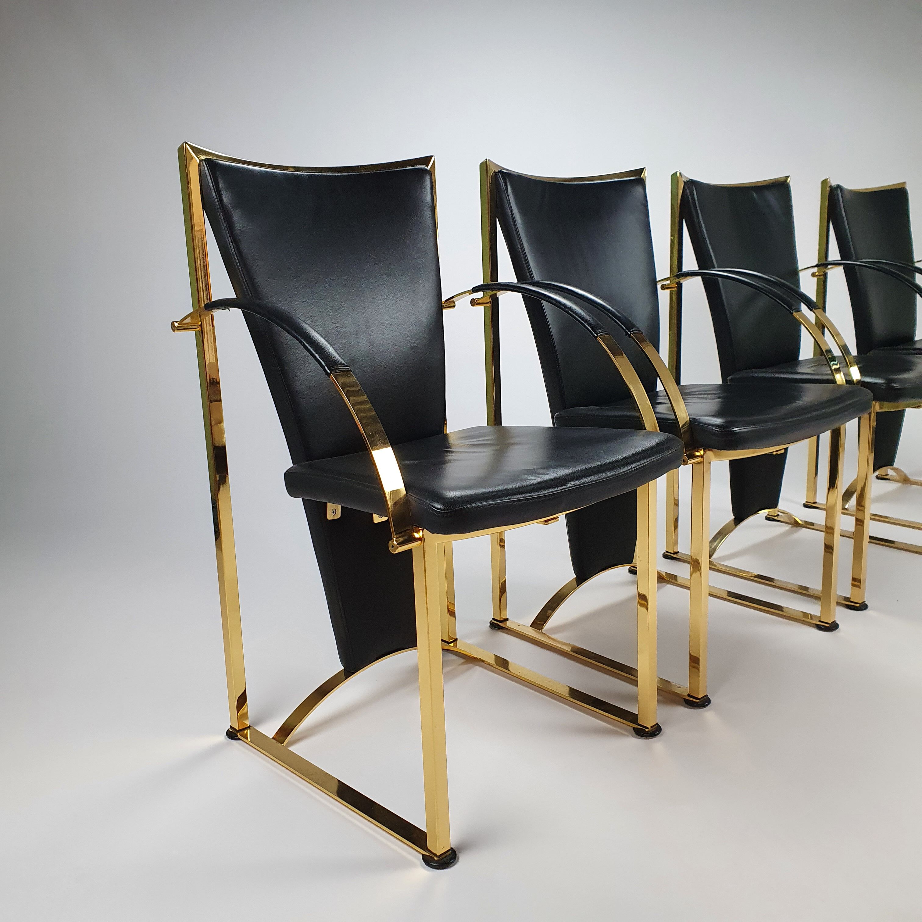 Regency exclusive brass & leather dining chairs by Ronald Schmitt, Set of 4