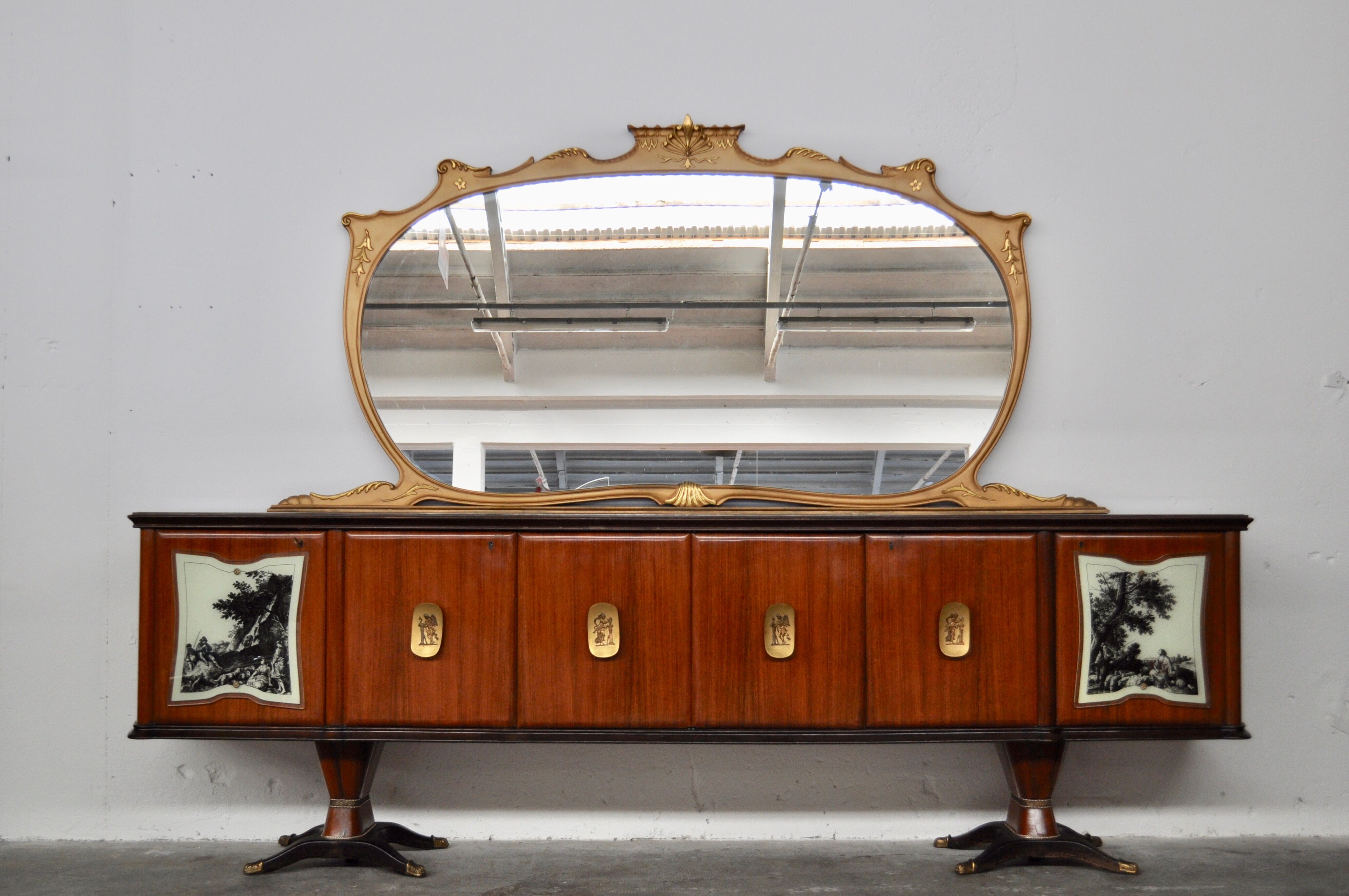 Mahogany, Pearwood, Brass & Marbled Back-Lacquered Glass Top Sideboard with Mirror from F.lli Rigamo