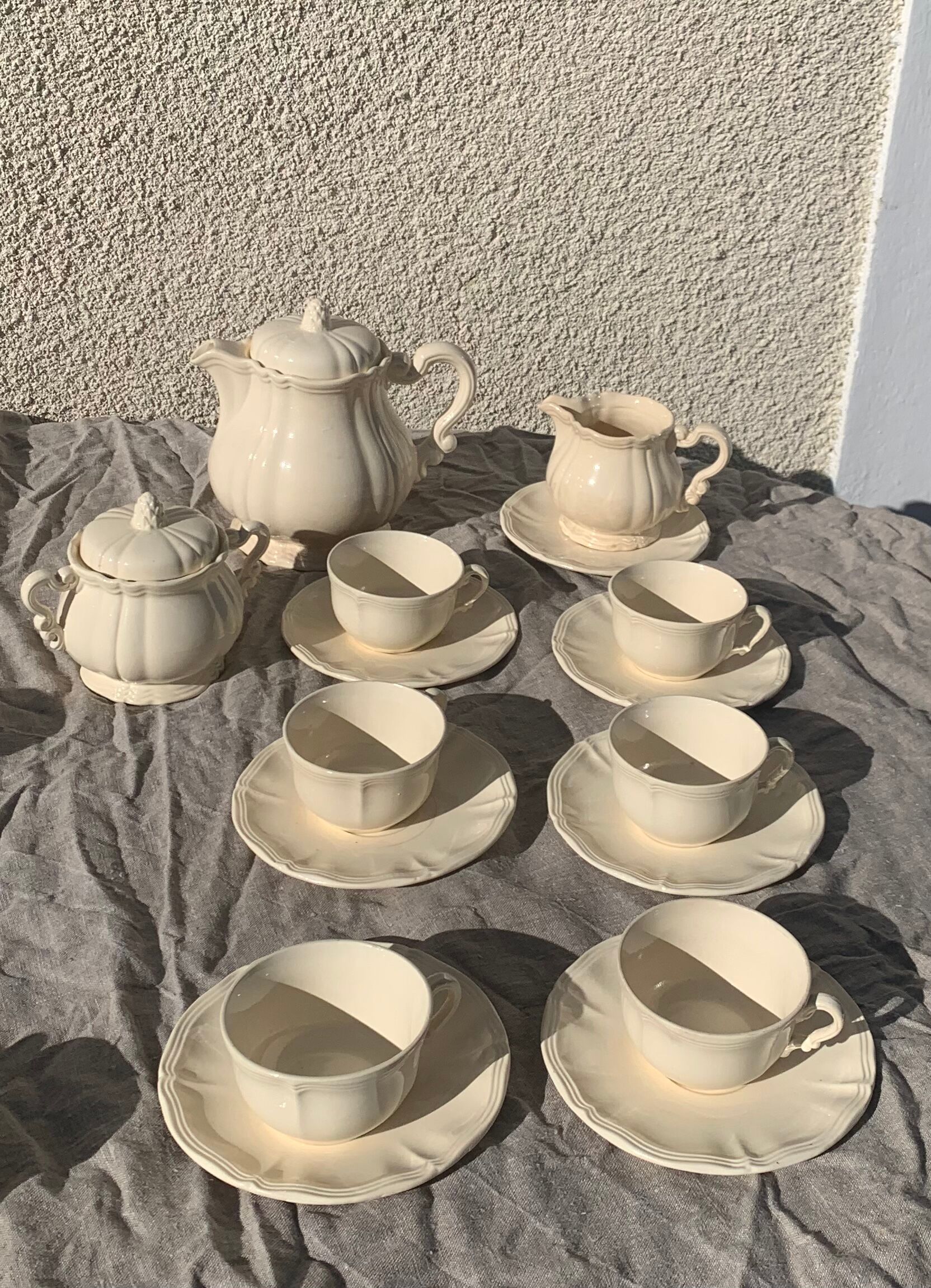 Digoin sarreguemines earthenware tea set consisting of 15 pieces antique cream