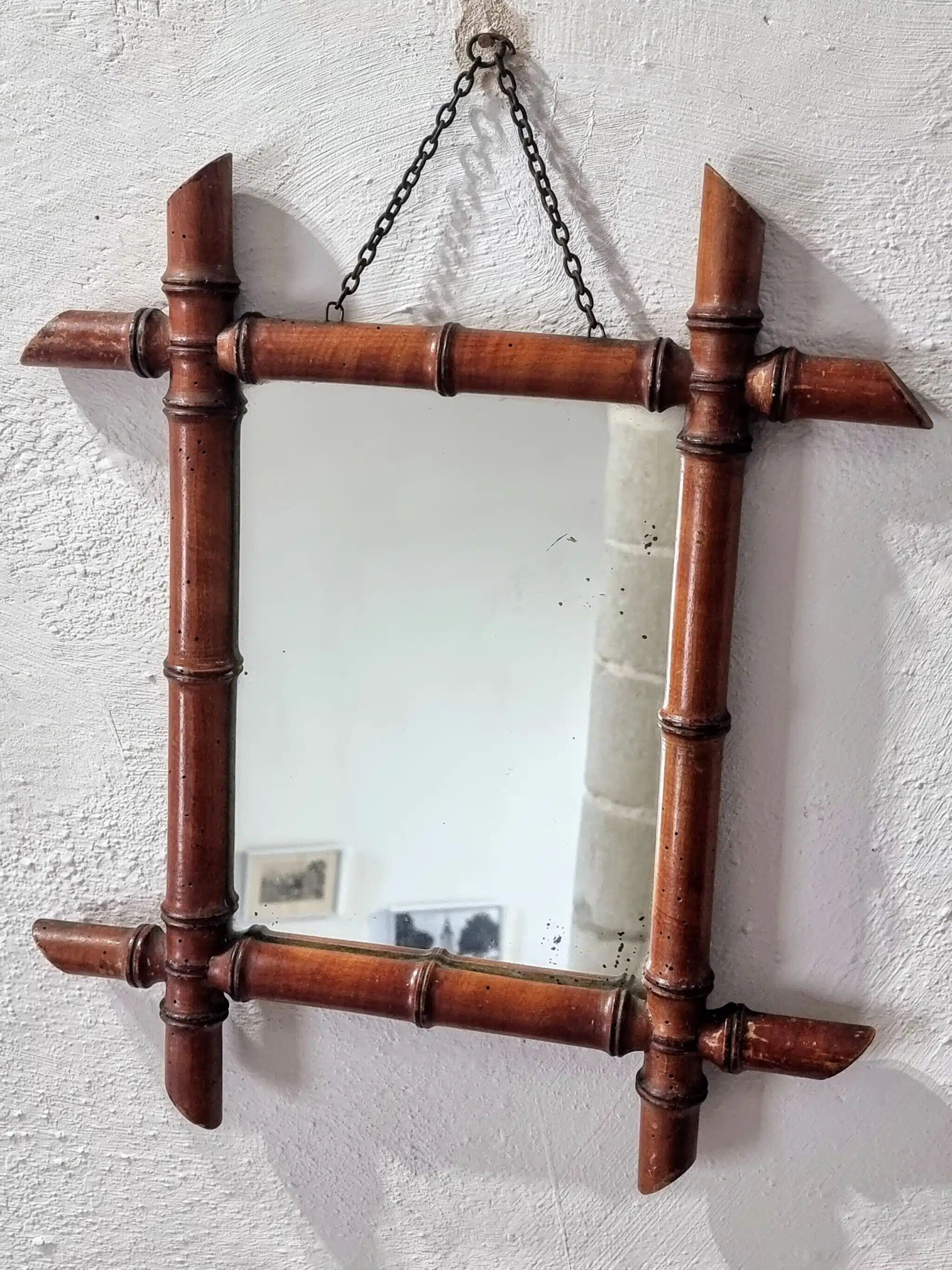Antique Faux Bamboo Mirror - French Wall Mirror with Chain, 38×44 cm