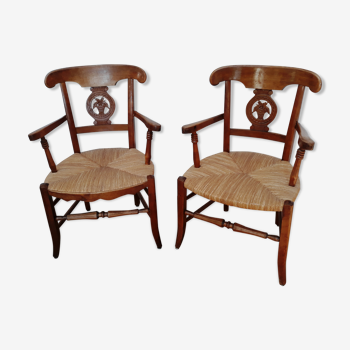 Pair of armchairs paillé and wood style Directoire