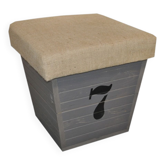 Grey pine storage box with the number 7 and a fabric lid.