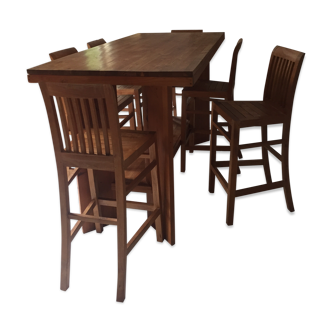 set of high table and chairs in solid teak