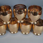 Alcohol service: bottle - 7 golden puffed glasses, vintage mahogany tray 50s sb