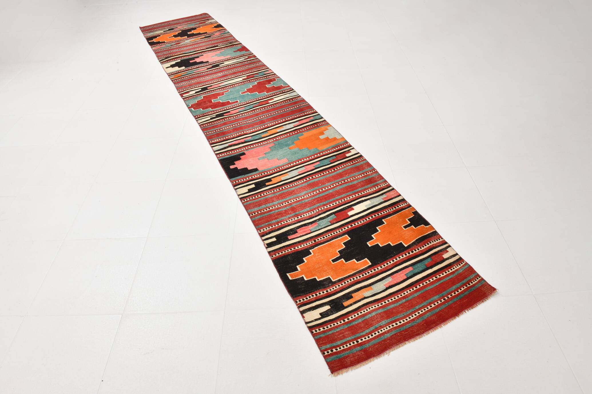 2x13 Green & Red Stair Kilim Runner Rug, 72x387Cm