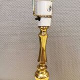 Table lamp from Danish Vitrika in brass, amber colored hard pressed glass, with a shade holder.