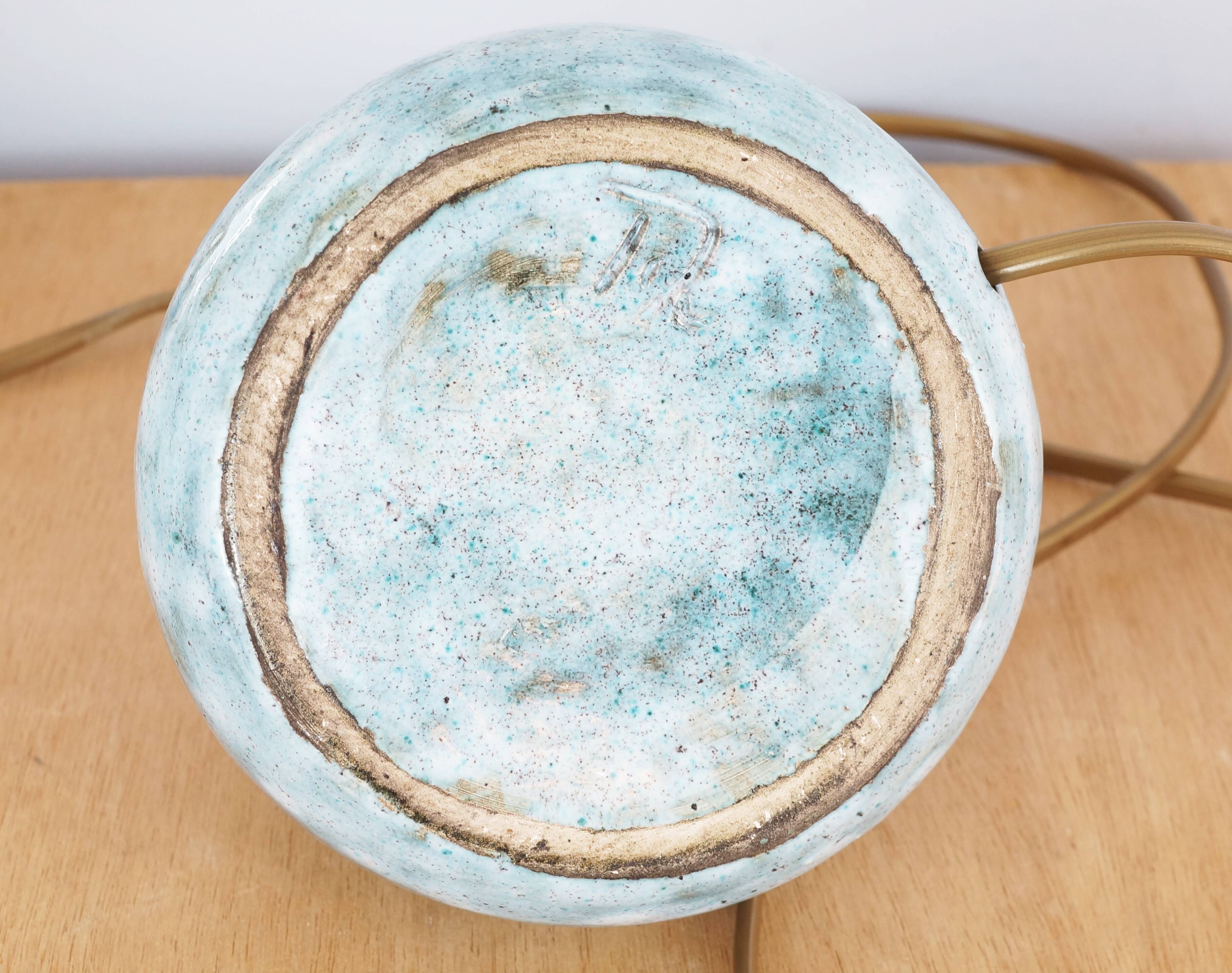 Blue glazed stoneware lamp foot signed 60s or 70s