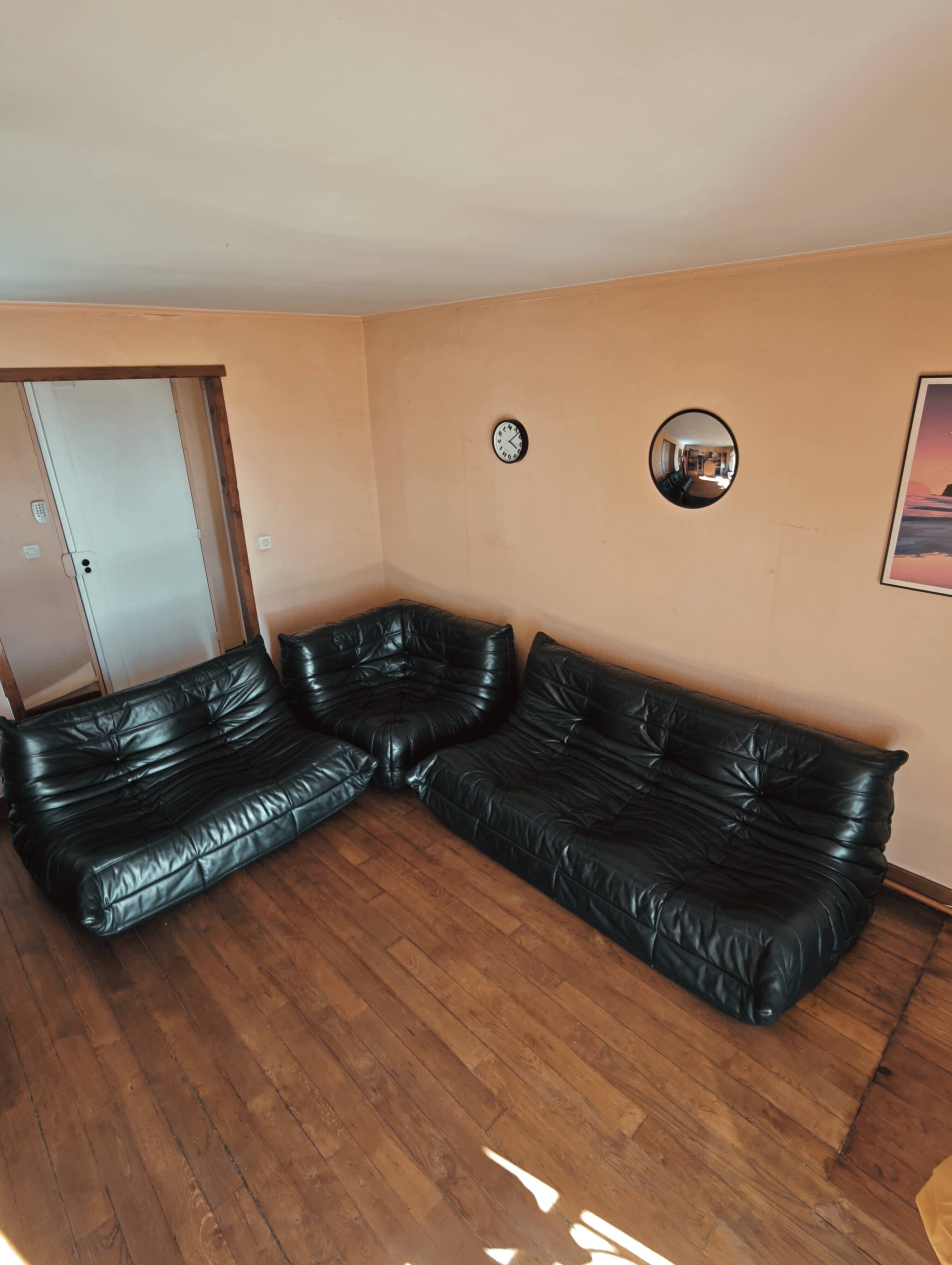 Ligne Roset Togo sofa, 3-seater, 2-seater, and corner in black leather.