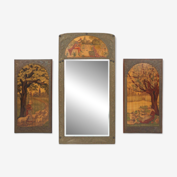 Triptyque Art Nouveau avec miroir et 2 panneaux en marqueterie de bois peint, France ca. 1910