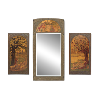 Triptyque Art Nouveau avec miroir et 2 panneaux en marqueterie de bois peint, France ca. 1910