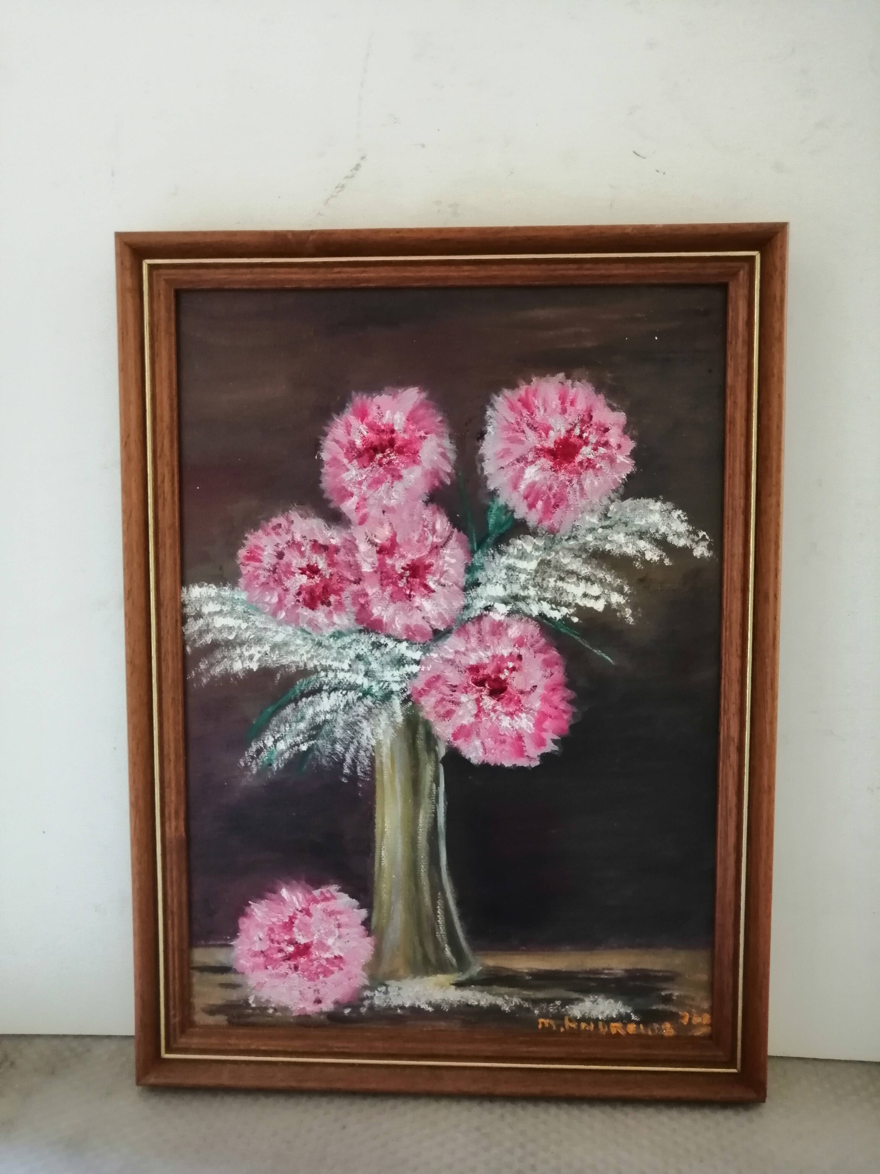 Still life with oil flowers on ancient panel