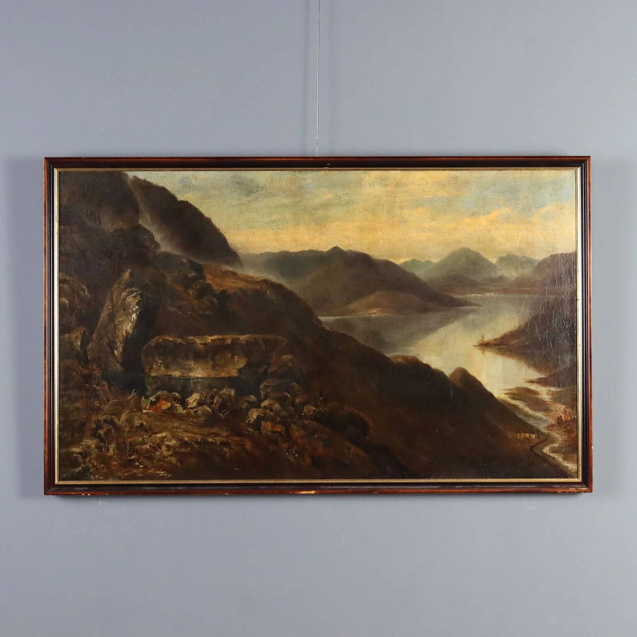 Old painting of a mountain landscape with a lake, oil on canvas 1890